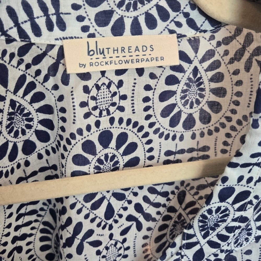 BluThreads RockFlowerPaper Button Down Dress Tunic Blue White Cover Up Large - Picture 3 of 6